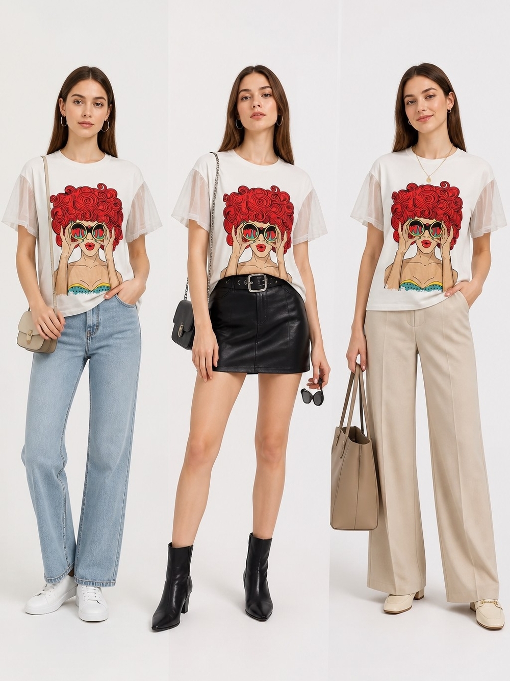 Occasion White Short Sleeve Graphic Tee with Red Floral Hair Motif